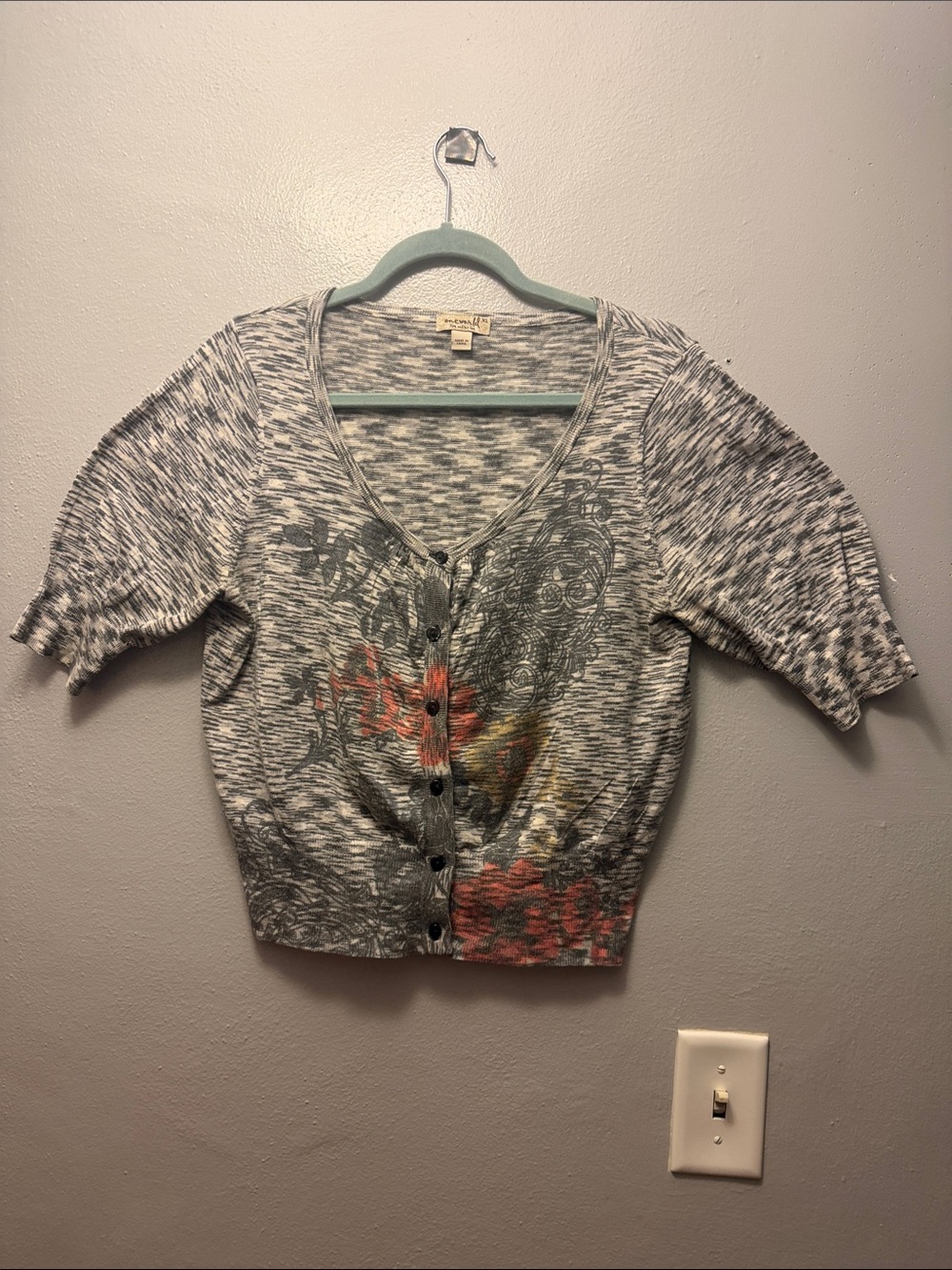 ONE WORLD Gray Marled Floral Button-Front Cardigan